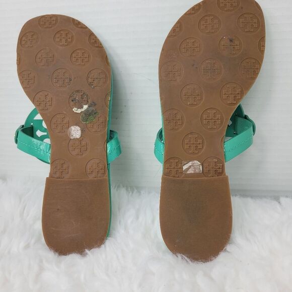 Tory Burch Miller Womens Sandals Size 5 Blue Turquoise Medallion Logo Flip Flops - Picture 9 of 11